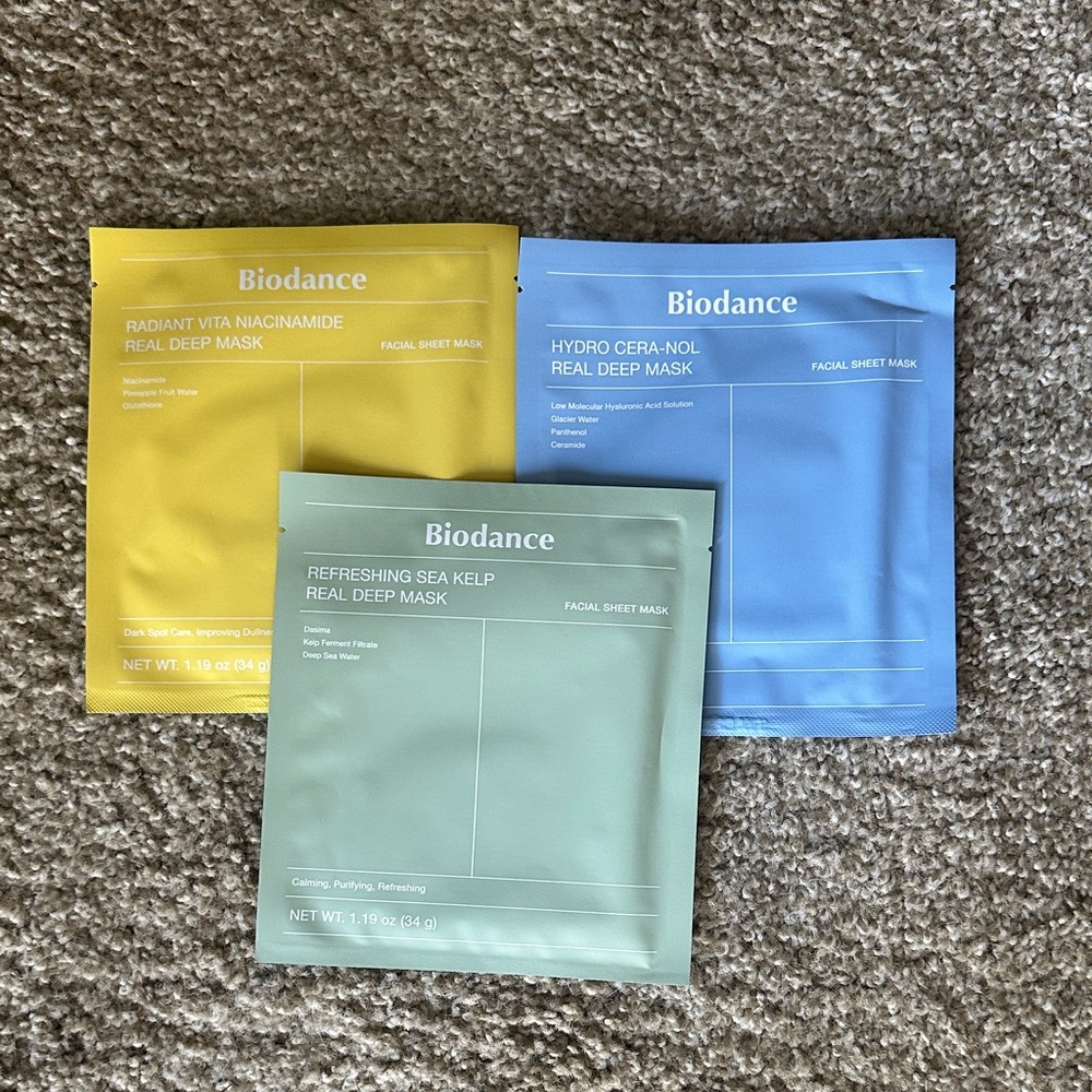 NWOT Biodance Real Deep Mask Trio — Yellow, Blue & Green Sheet Masks
